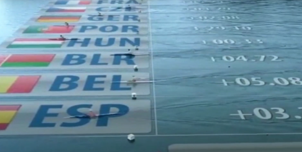 Finish line of with graphics over water